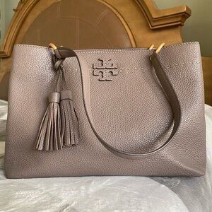 Tory Burch Leather Tote Taupe Grey